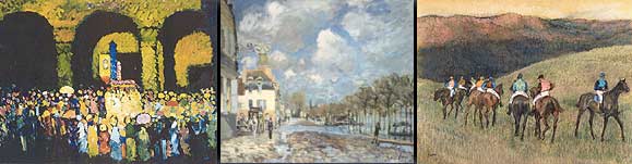 Imágenes de: La Ludwigskirche en Munich de Wassily Kandisky Ao 1908, La Inundacin en Port-Marly de Alfred Sisley Ao 1876 y Caballos de Carreras en un paisaje de Edgard Degas Ao 1894